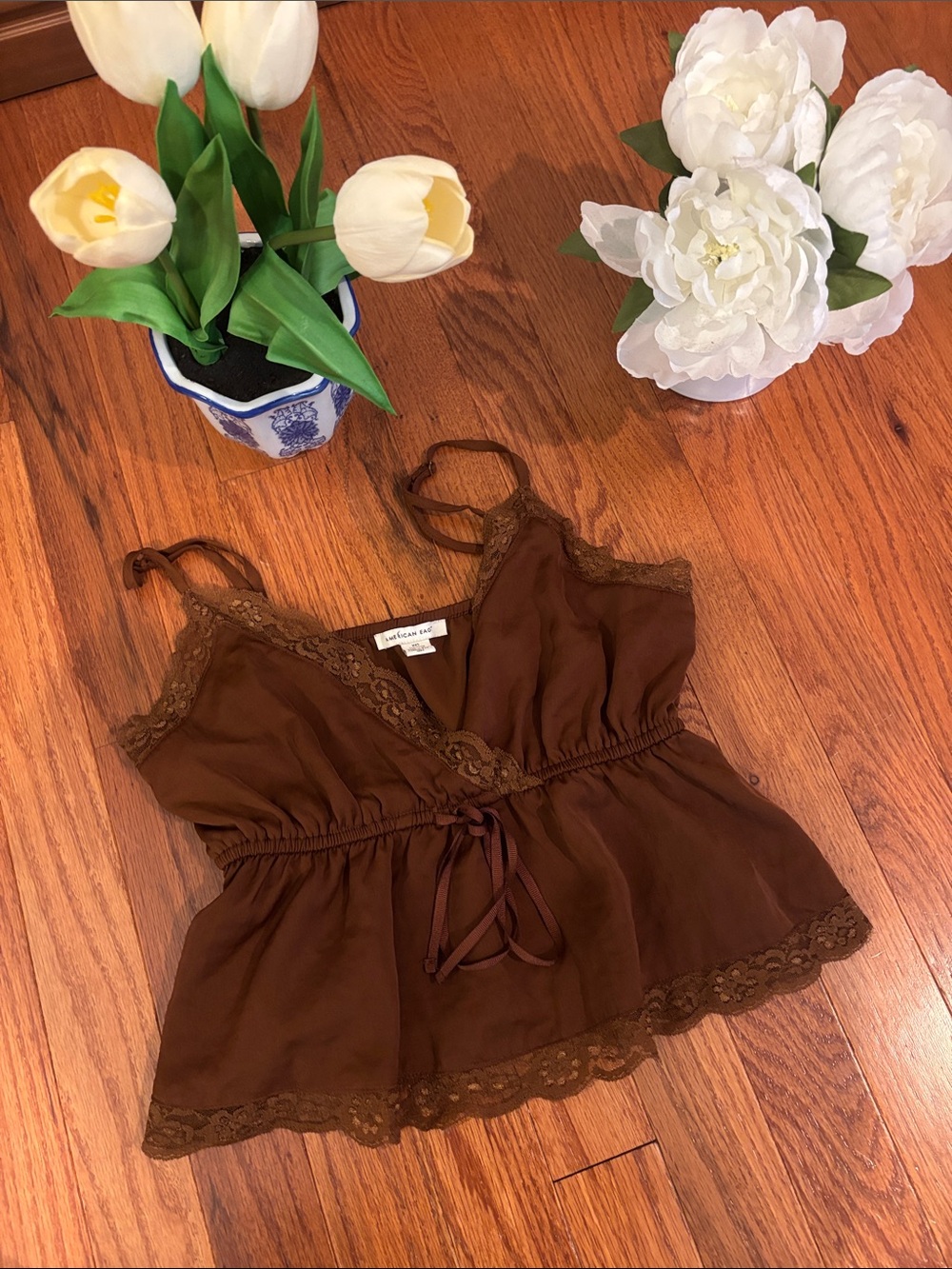 American Eagle Outfitters Brown Lace-Trim Satin Cami
